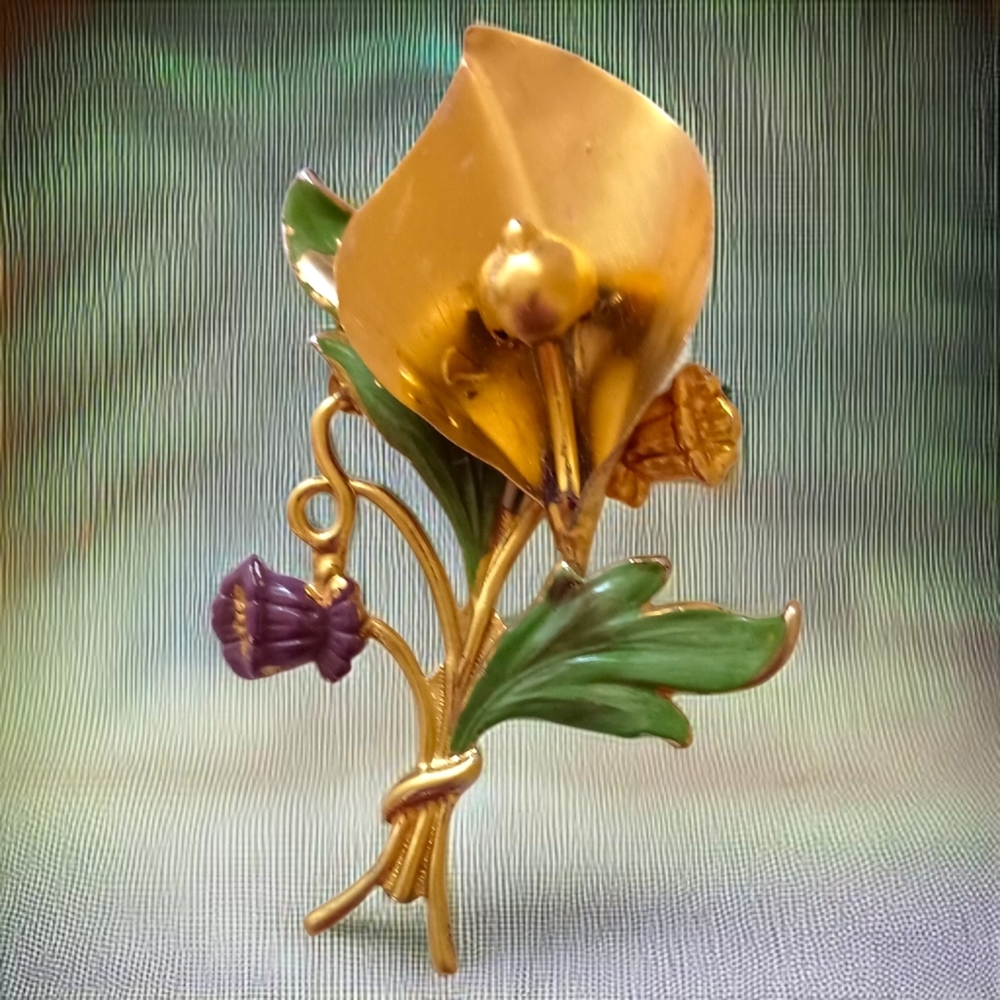 Vtg Sterling Silver Calla Lily Brooch Pin Gold Vermeil Enameled Large Art Deco